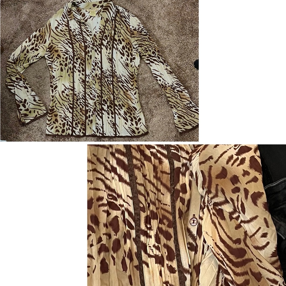 Vintage Leopard Print Blouse Bell Sleeves Lace Pleated 90s Button Up Small